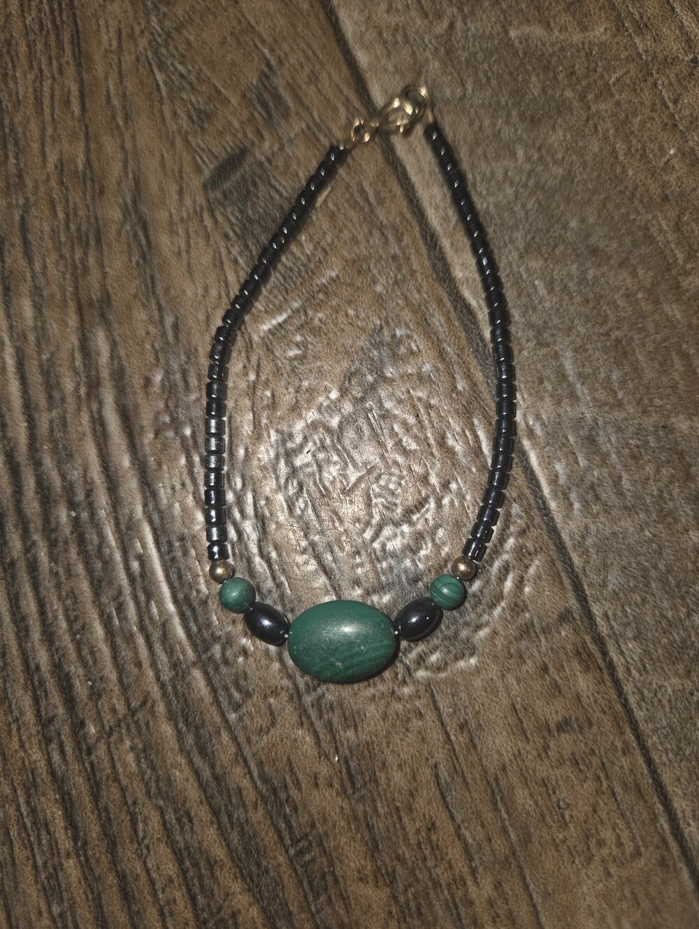 Natural Malachite And Gold Tone Beaded Bracelet 8"